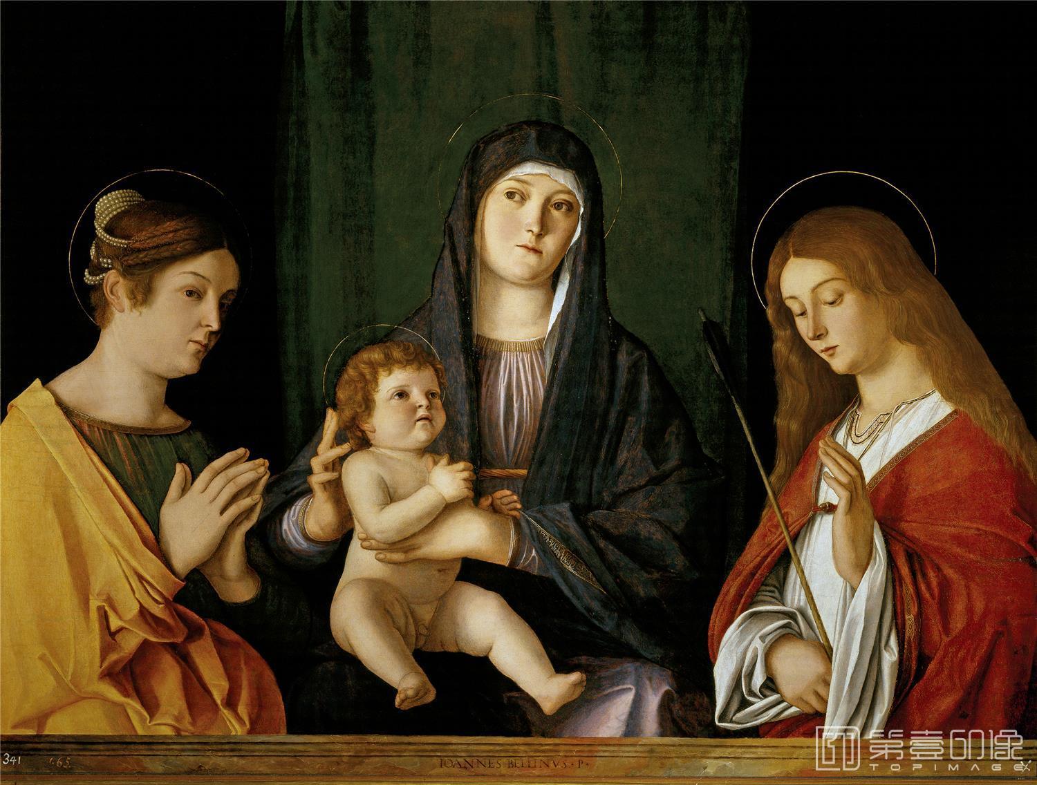 油画-西班牙普拉多美术馆油画藏画-Bellini, Giovanni (y taller)-La Virgen con el Niño entre dos santas-77cm x 104cm-0364